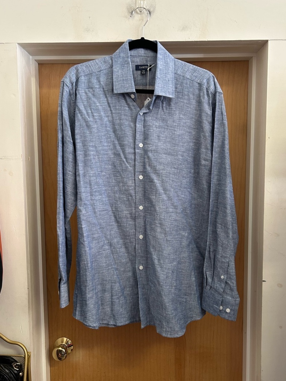 Zanetti MENS Linen Blend Blue Button Down size L 16.5 34/35